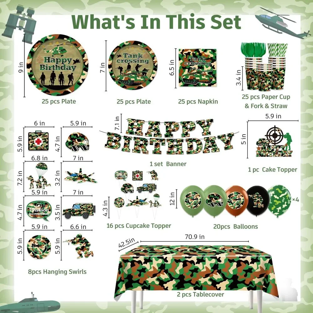 New 198 Piece Camo Camouflage Party Supplies Plates Napkins Decorations